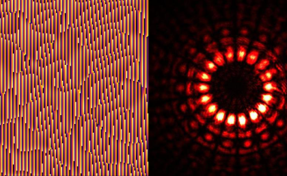 Hologram encoding a quvigint (left), such as that photographed during the experiment (right).  Image credit: Markus Rambach